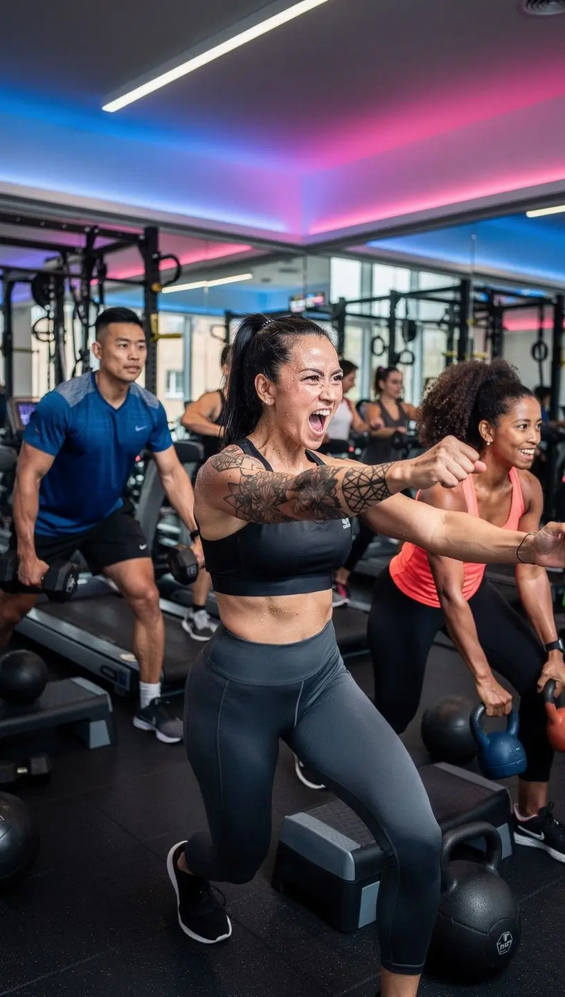 Csoportos edzés, ahol oktató irányítja a résztvevőket különböző gyakorlatokhoz.