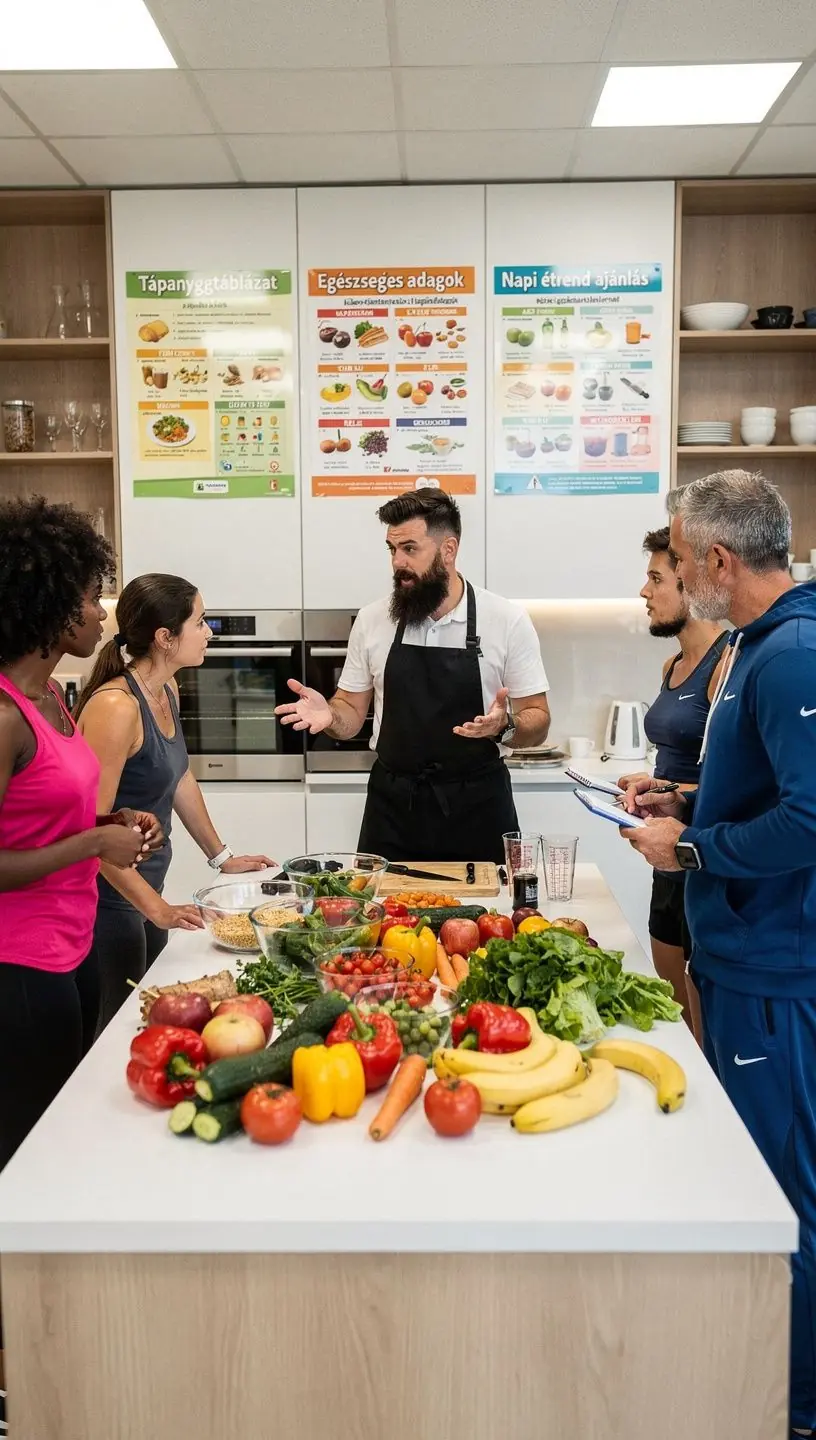 Személyi edző képzés során résztvevők gyakorlatokat végeznek egy edzőteremben.