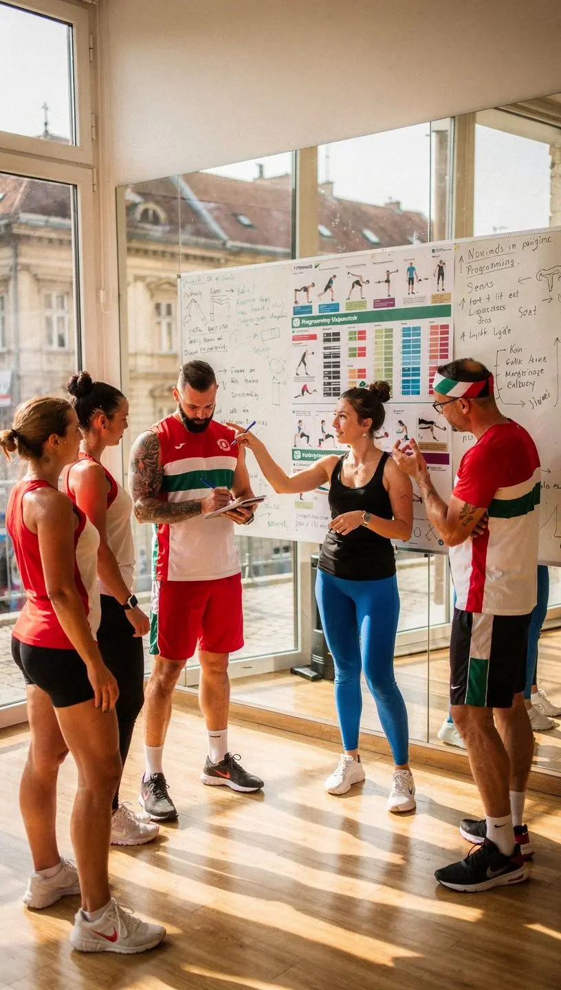 Edző és ügyfél közötti interakció, ahol az edző személyre szabott tanácsokat ad a gyakorlatokhoz.