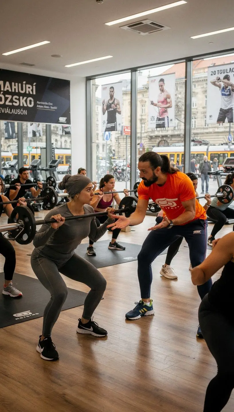 Edző és ügyfél közötti interakció, ahol az edző személyre szabott tanácsokat ad a gyakorlatokhoz.