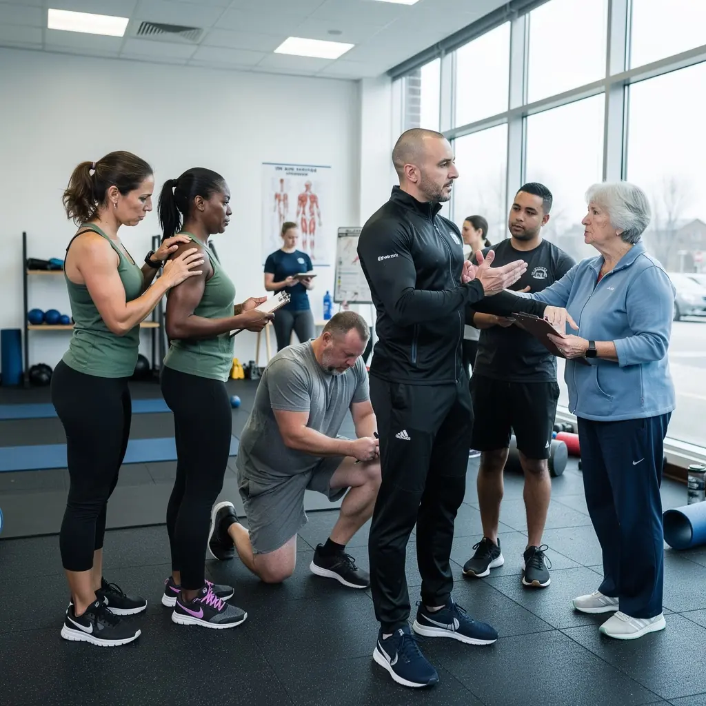 Edző és ügyfél közötti interakció, ahol az edző személyre szabott tanácsokat ad a gyakorlatokhoz.