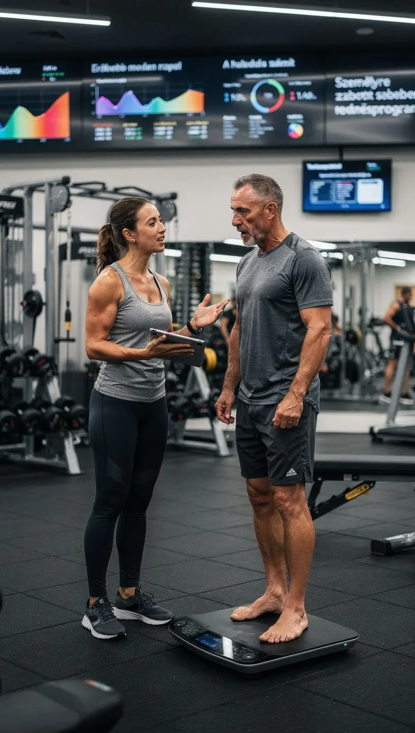 Edző és ügyfél közötti interakció, ahol az edző személyre szabott tanácsokat ad a gyakorlatokhoz.